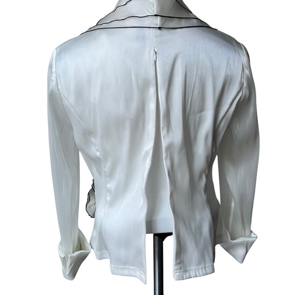 Rare 90s Cachet Shimmery White Faux Wrap Wide Lapel Sheer Sleeve Blouse - Picture 8 of 14